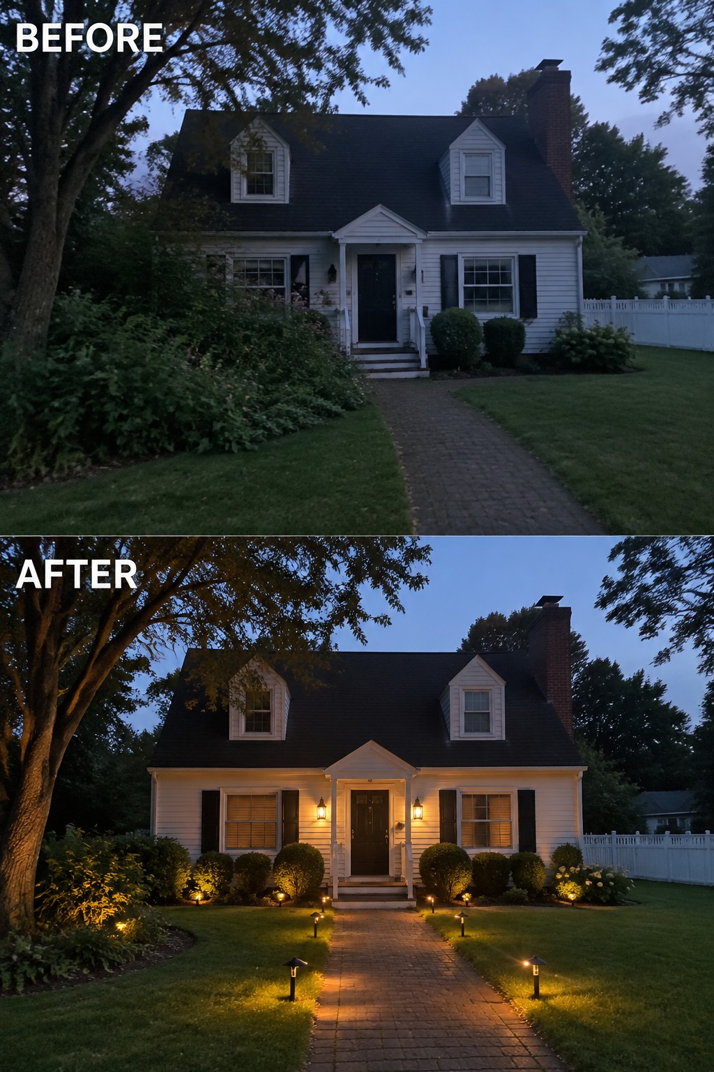 Before-and-after image of a Cape Cod style house exterior at dusk shown before and after adding pathway lights and wall sconces.