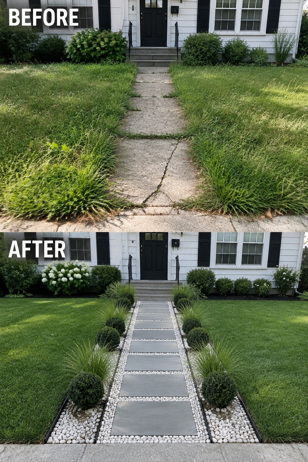 Before-and-after view of cracked concrete walkway upgraded to stone pavers with gravel and shrubs.