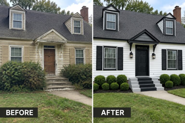 Before-and-after image of a Cape Cod style house exterior changed from beige siding with peeling paint to white siding with black trim, black shutters, and a black front door.