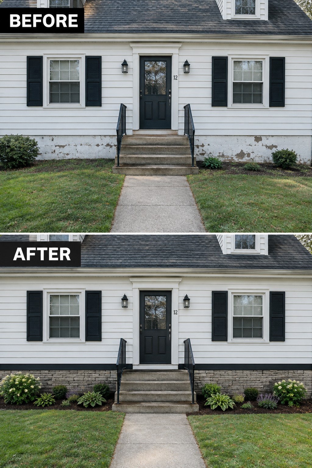 Before and after of white house with new stone foundation, black trim, and landscaping