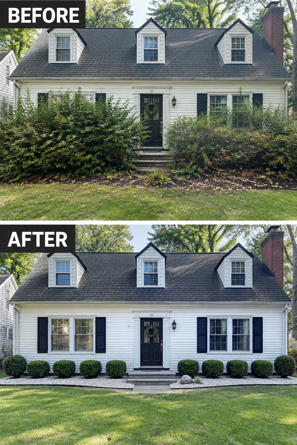 Before and after of white house: overgrown bushes replaced by neat shrubs in gravel