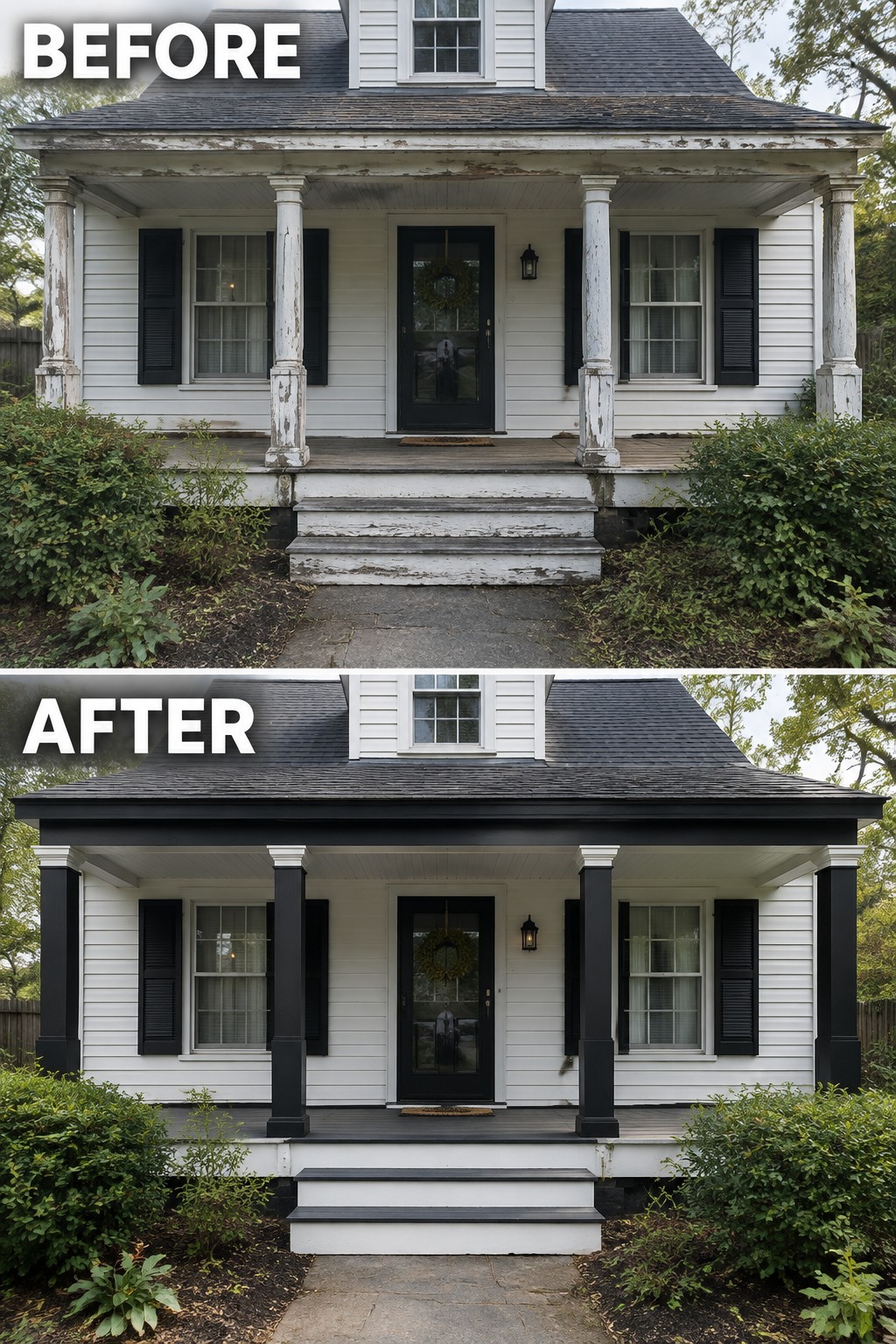 Before and after of white house with peeling paint updated to black porch columns and trim