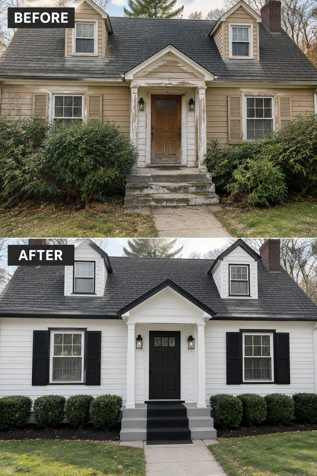 Before-and-after image of a Cape Cod style house exterior changed from beige siding with peeling paint to white siding with black trim, black shutters, and a black front door.