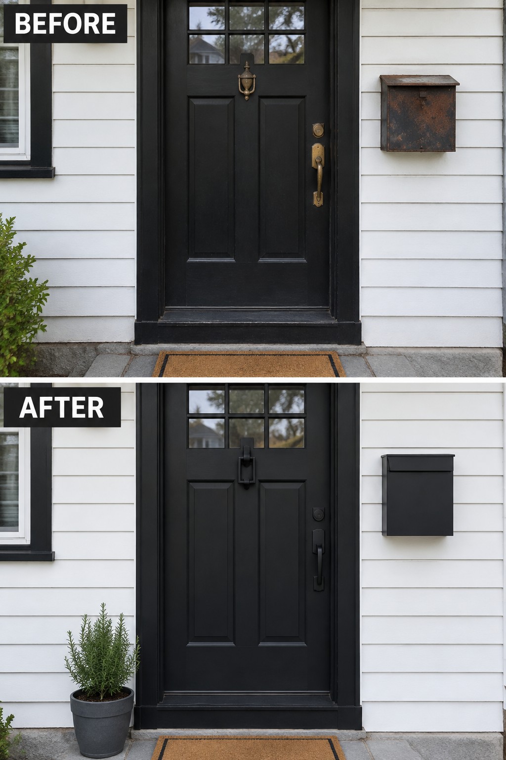 Before-and-after image of a black front door on white siding showing a rusted mailbox and older door hardware replaced with modern black versions.