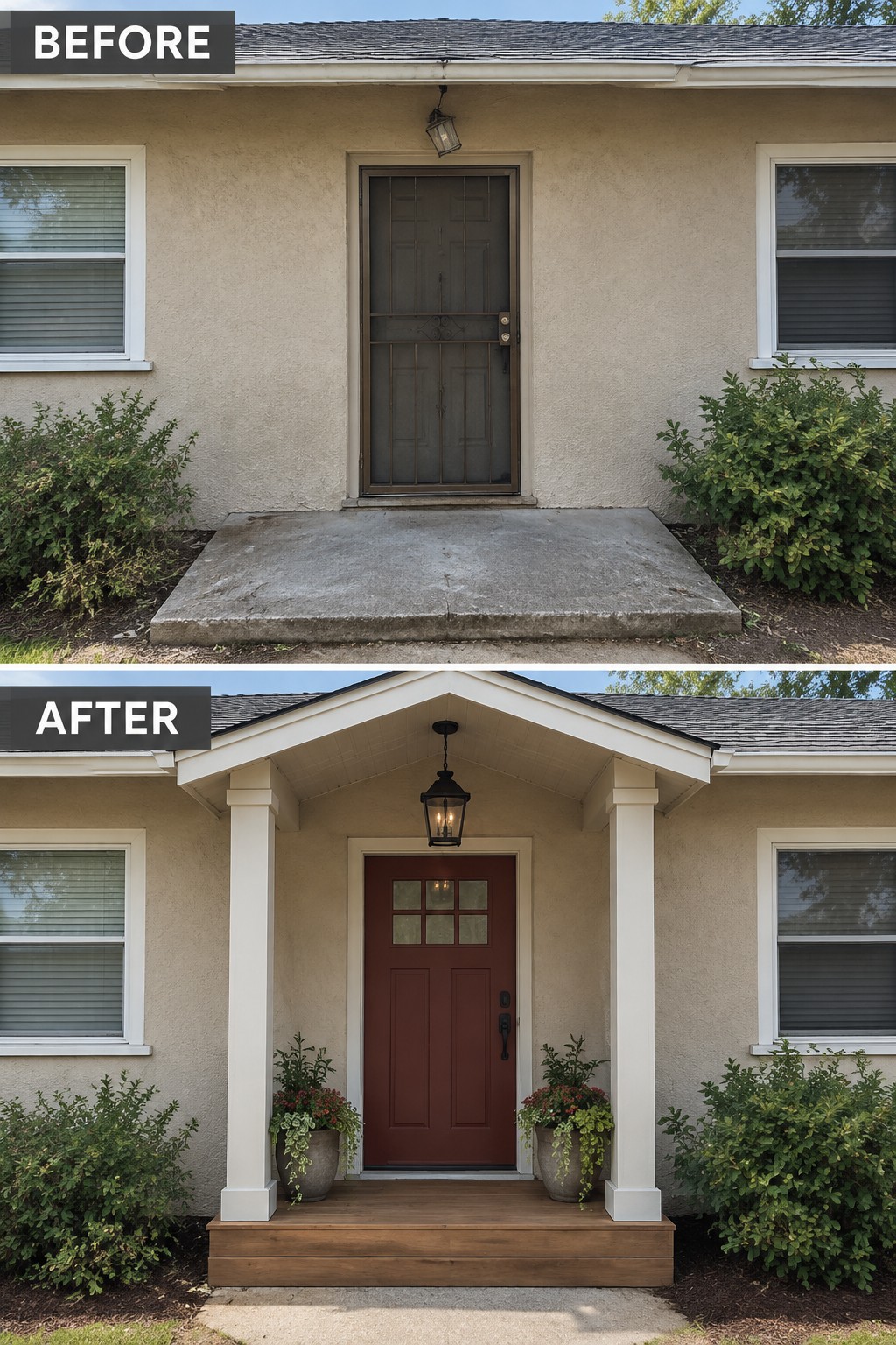 Before-and-after house entrance: concrete stoop replaced by wooden porch with white columns and red door.