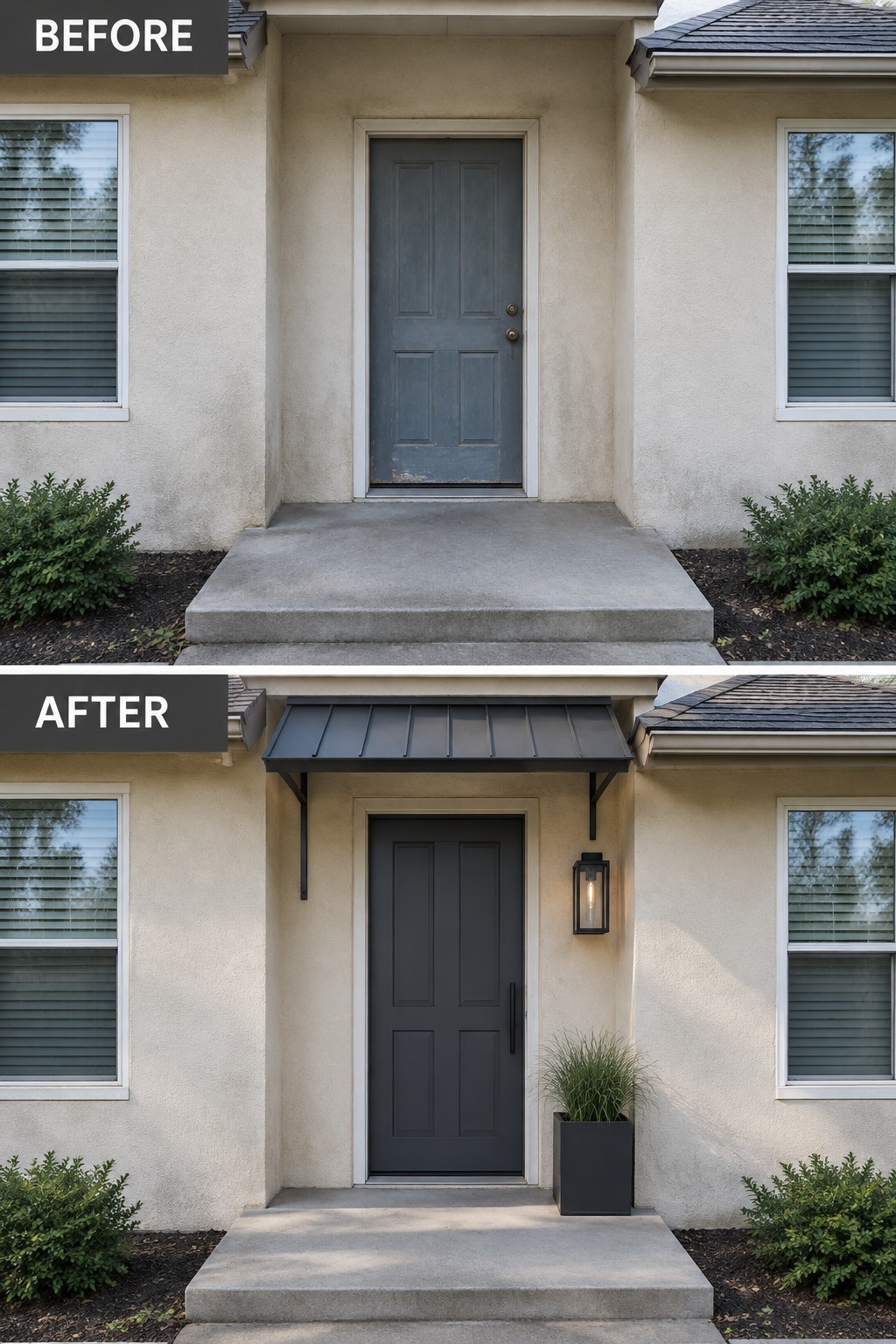 Before-and-after image of a stucco home front entry updated with a dark metal awning, darker door, wall sconce, and potted plant.