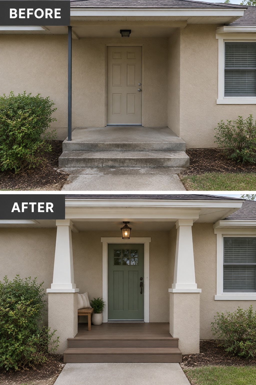 Before-and-after image of a stucco home front entry updated with white columns, trim, a green door, and wood steps.