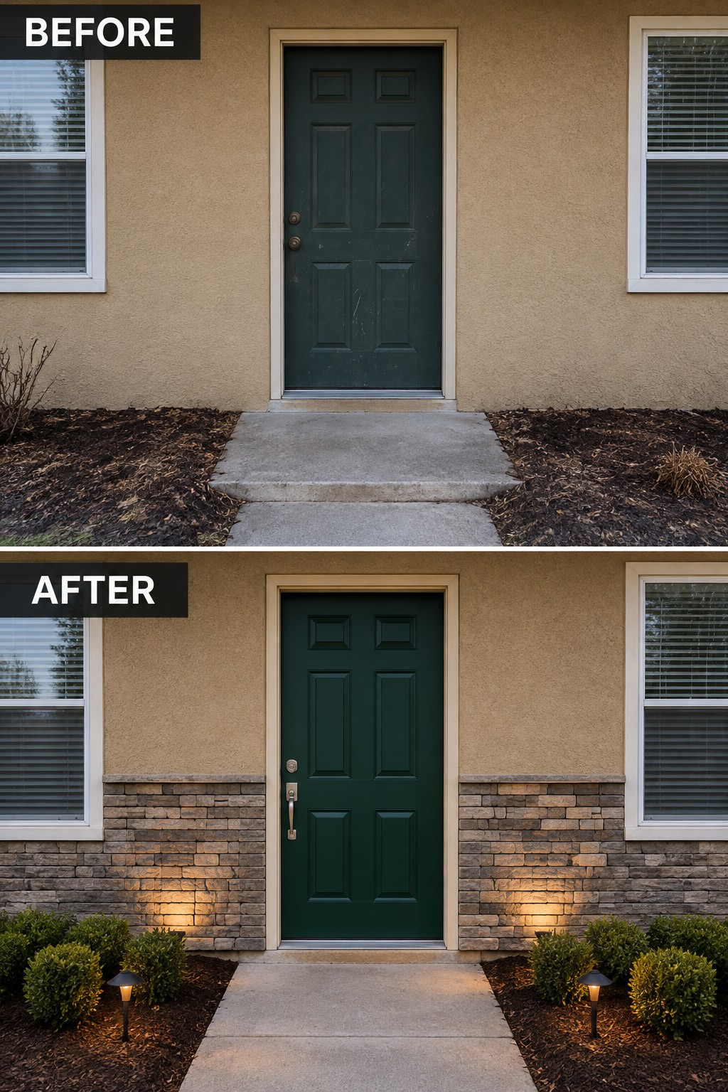 Before-and-after views of green door with stone veneer, shrubs and pathway lights.