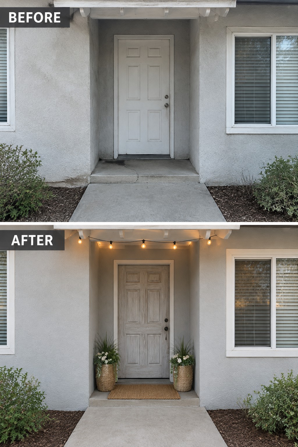 Before and after of front door with string lights, wood finish, and potted plants.