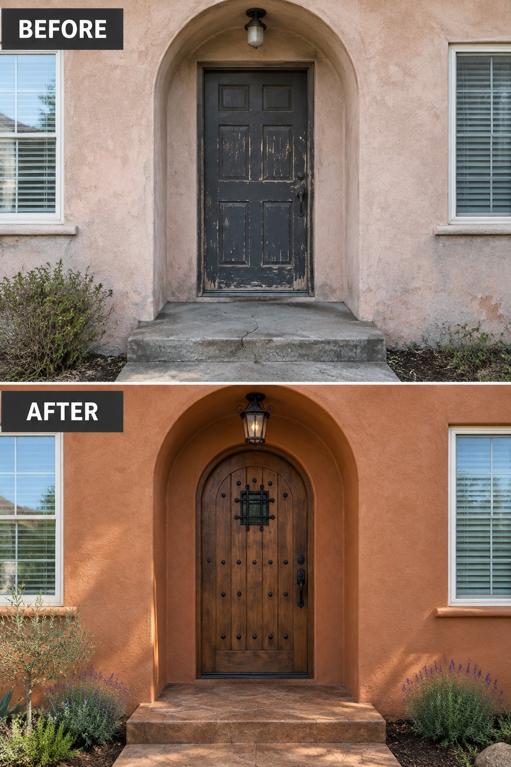 Before-and-after views of a stucco home entrance with new arched door and steps.