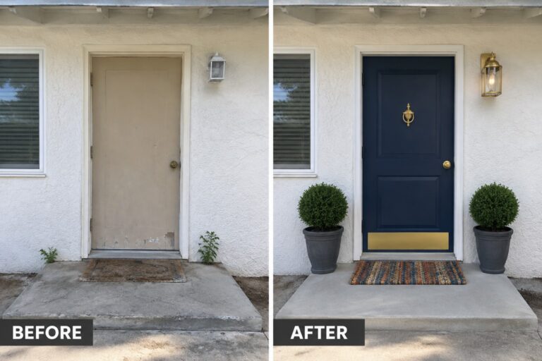 22 Polished Front Door Makeover Ideas for Stucco Exteriors Before-and-after image of a stucco home entry with a plain beige door changed to a navy blue door flanked by two potted shrubs.