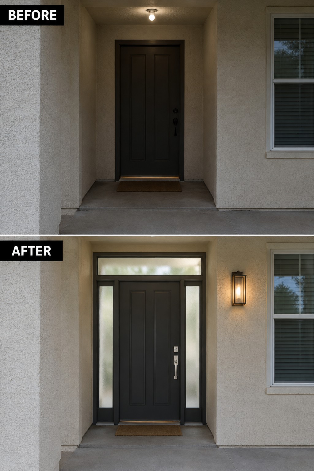 Before-and-after image of a stucco home front entry where a plain recessed door is updated with sidelights, a transom window, and a wall sconce.