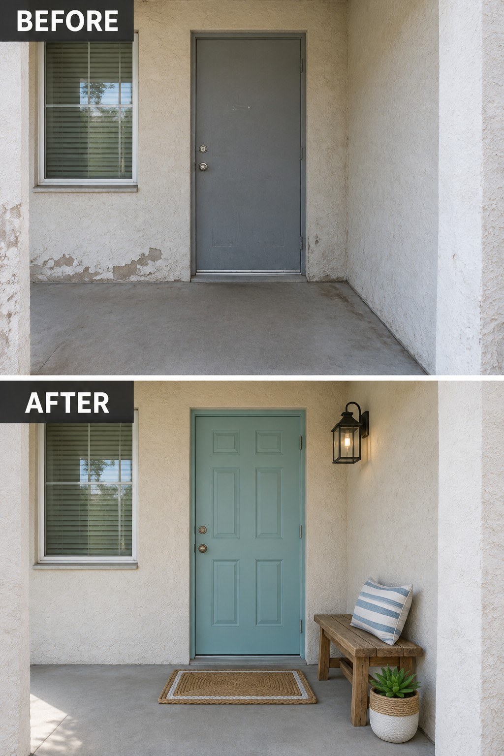 Before and after of gray door repainted teal with bench, light, and doormat added.