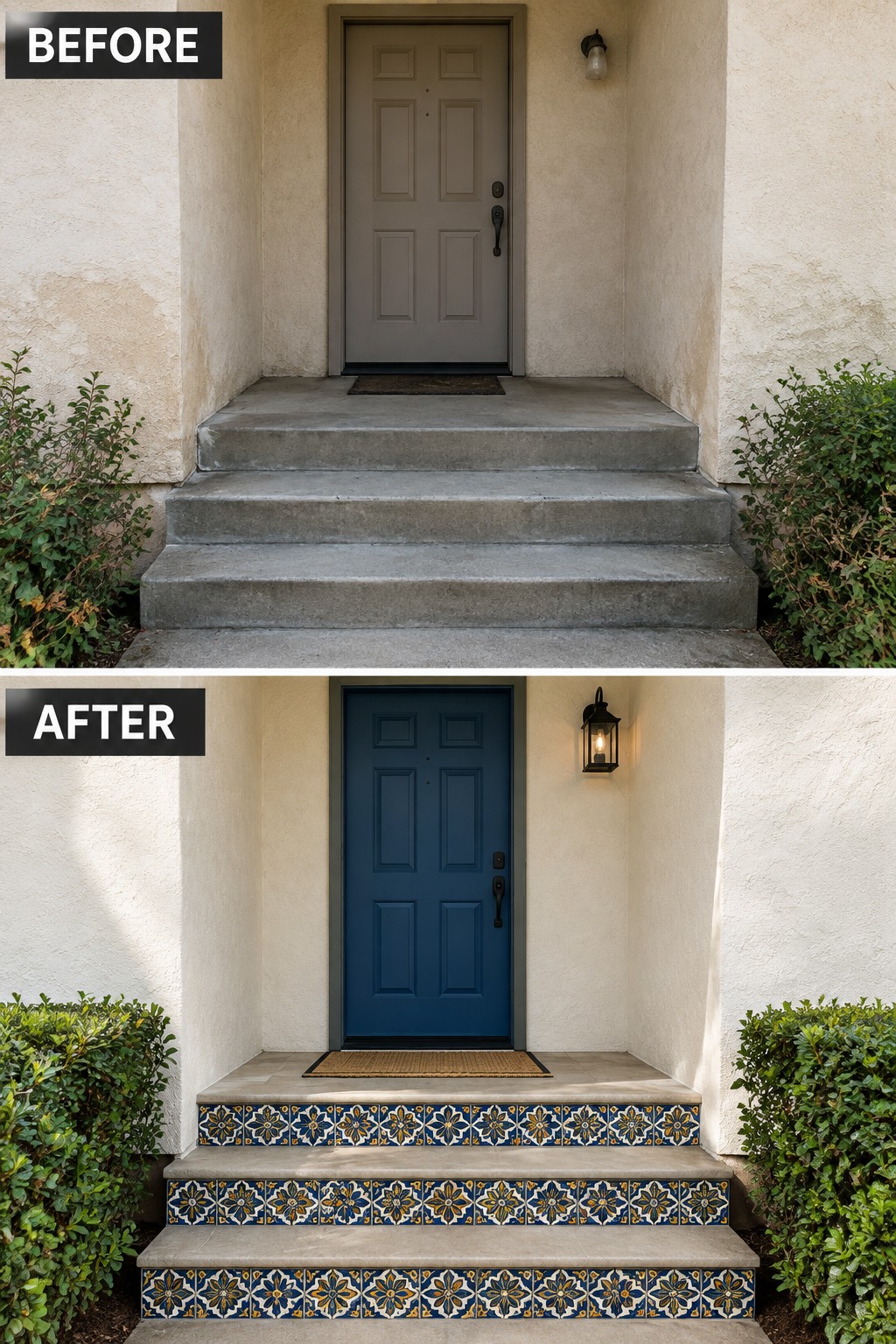 Before-and-after image of a stucco home front entry with a gray door and plain concrete steps updated to a blue door and patterned tiles on the risers.