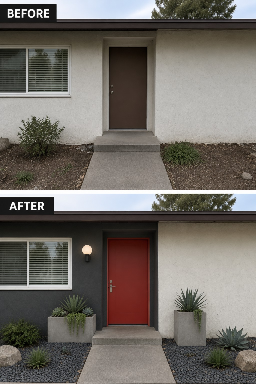 Before-and-after house entrance with brown door changed to red and new landscaping