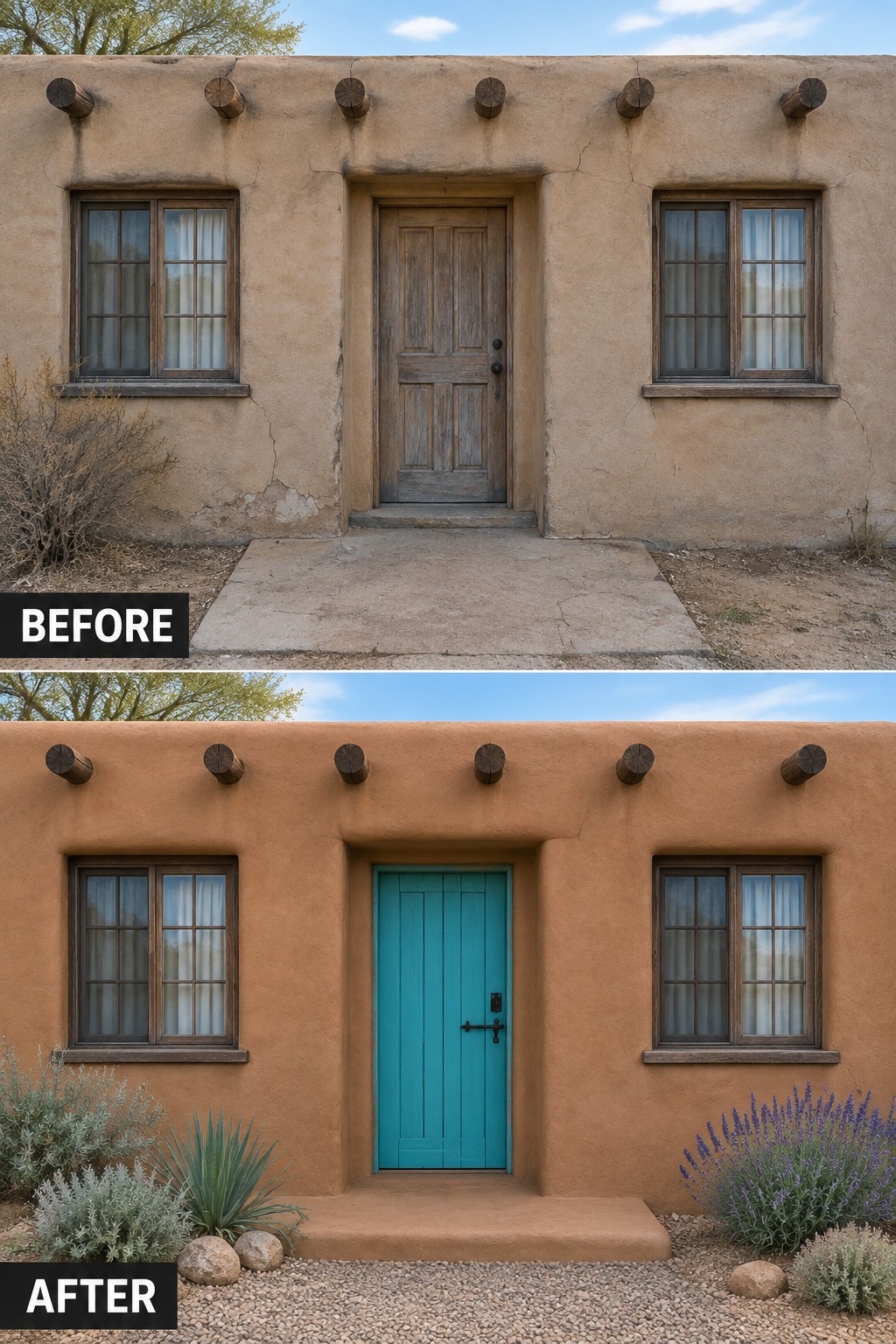 Before-and-after adobe house with turquoise door, terracotta walls, and desert landscaping.