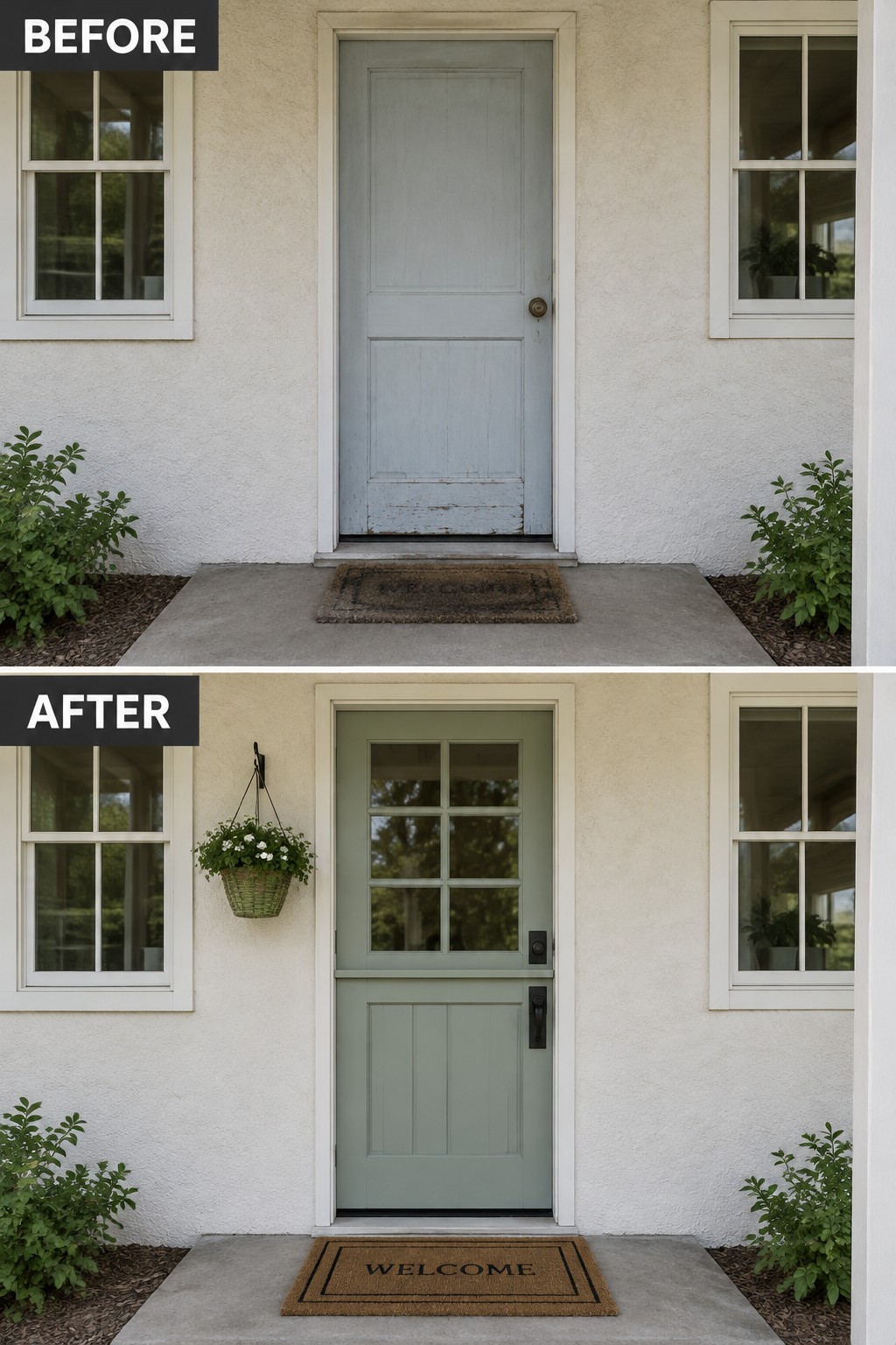 Before-and-after image of a stucco home front entry with the door changed from faded light blue to muted green, plus a hanging basket and updated welcome mat.