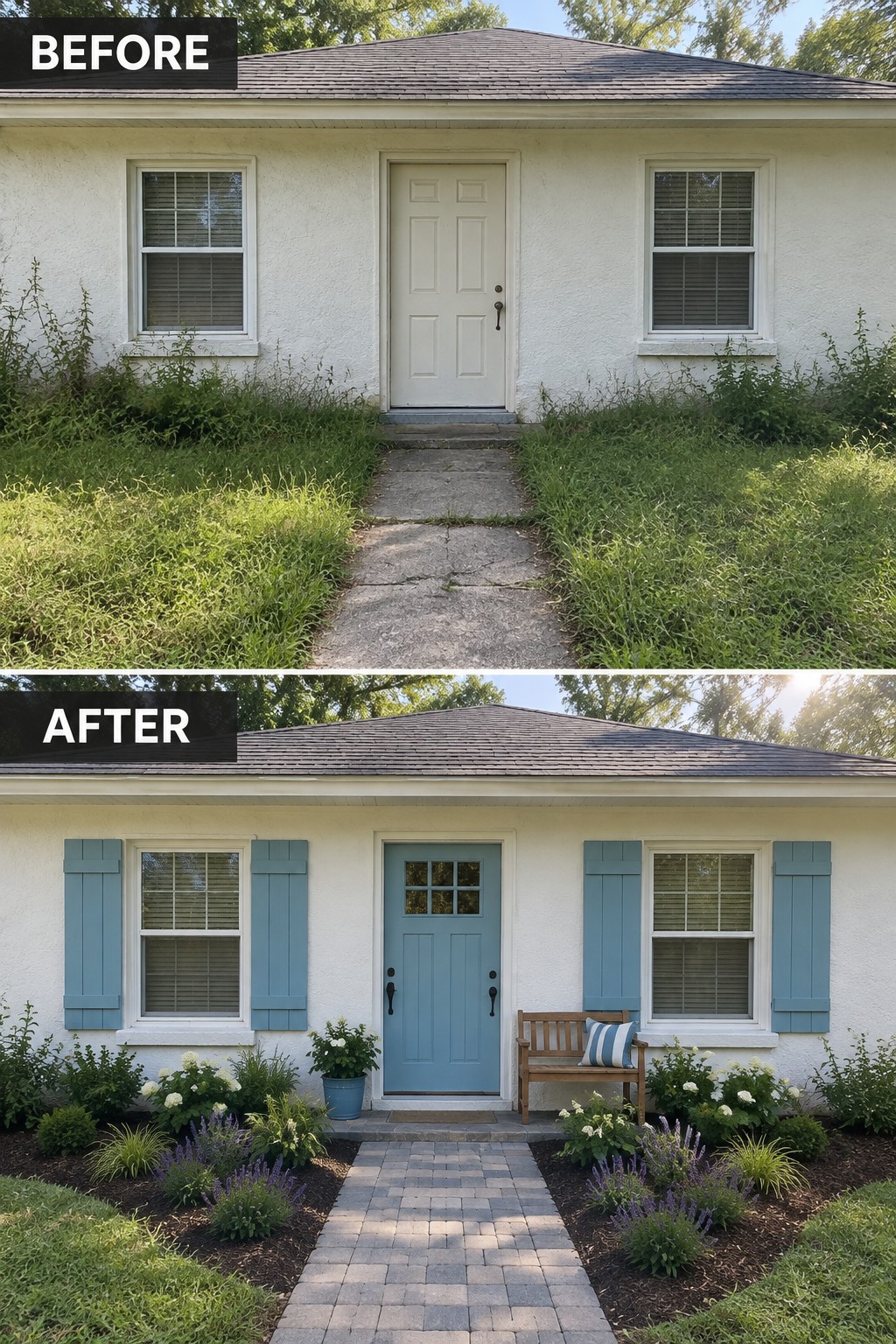 Before and after house exterior with blue door, shutters, and landscaped garden path