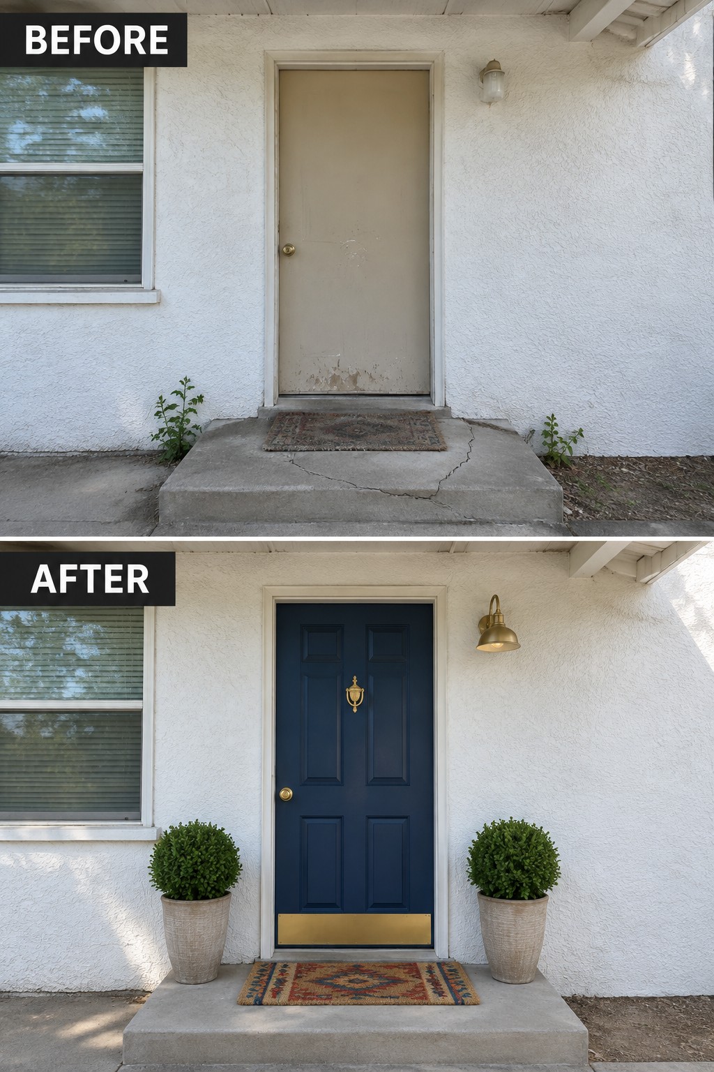 Before-and-after image of a stucco home entry with a plain beige door changed to a navy blue door flanked by two potted shrubs.