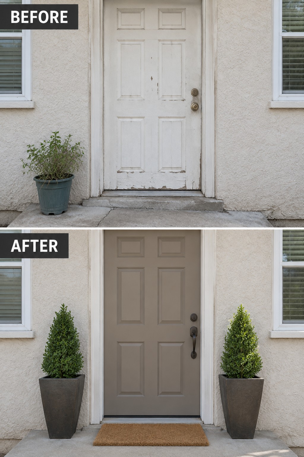 Before-and-after front door: peeling white to painted gray with added matching planters and mat.