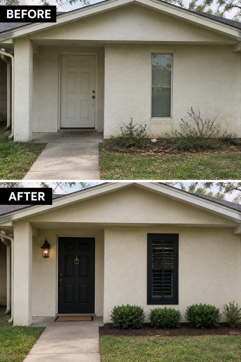 Before and after of beige house entrance with black door, shutters, and shrubs.