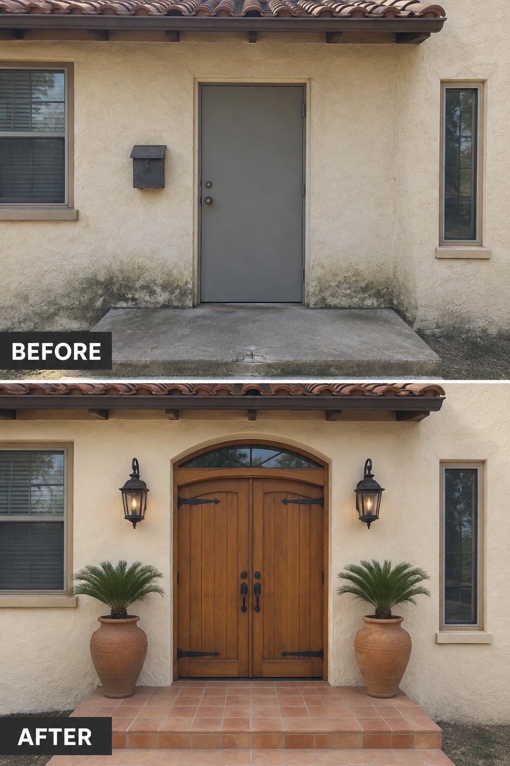 Before and after views of a house entrance with new wooden doors and potted plants.