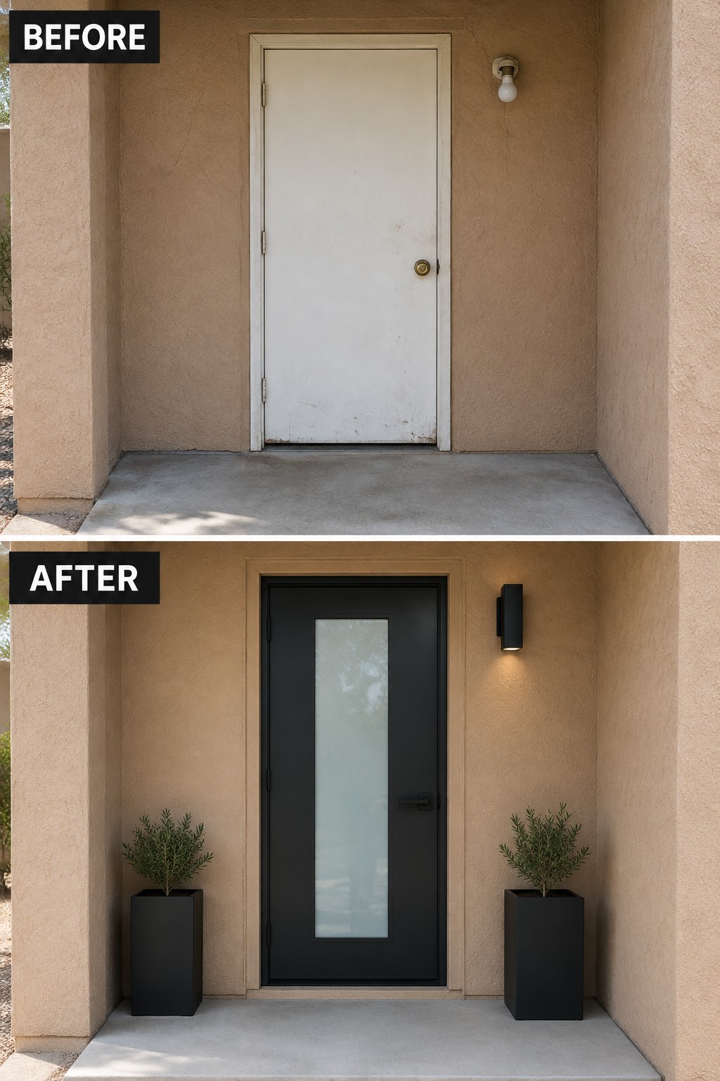 Before and after of beige entry with white door replaced by modern black door and planters.