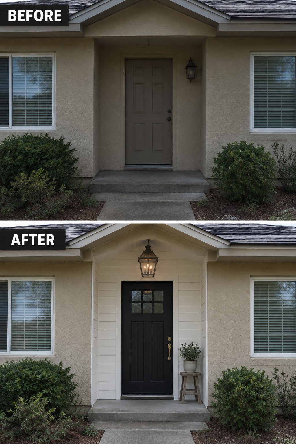 Before and after of home entry with gray door replaced by black on white siding