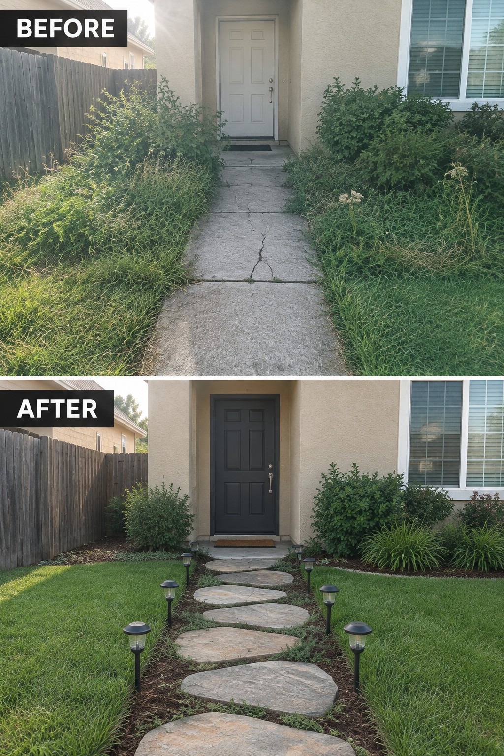 Before and after of overgrown walkway transformed into stone path with solar lights