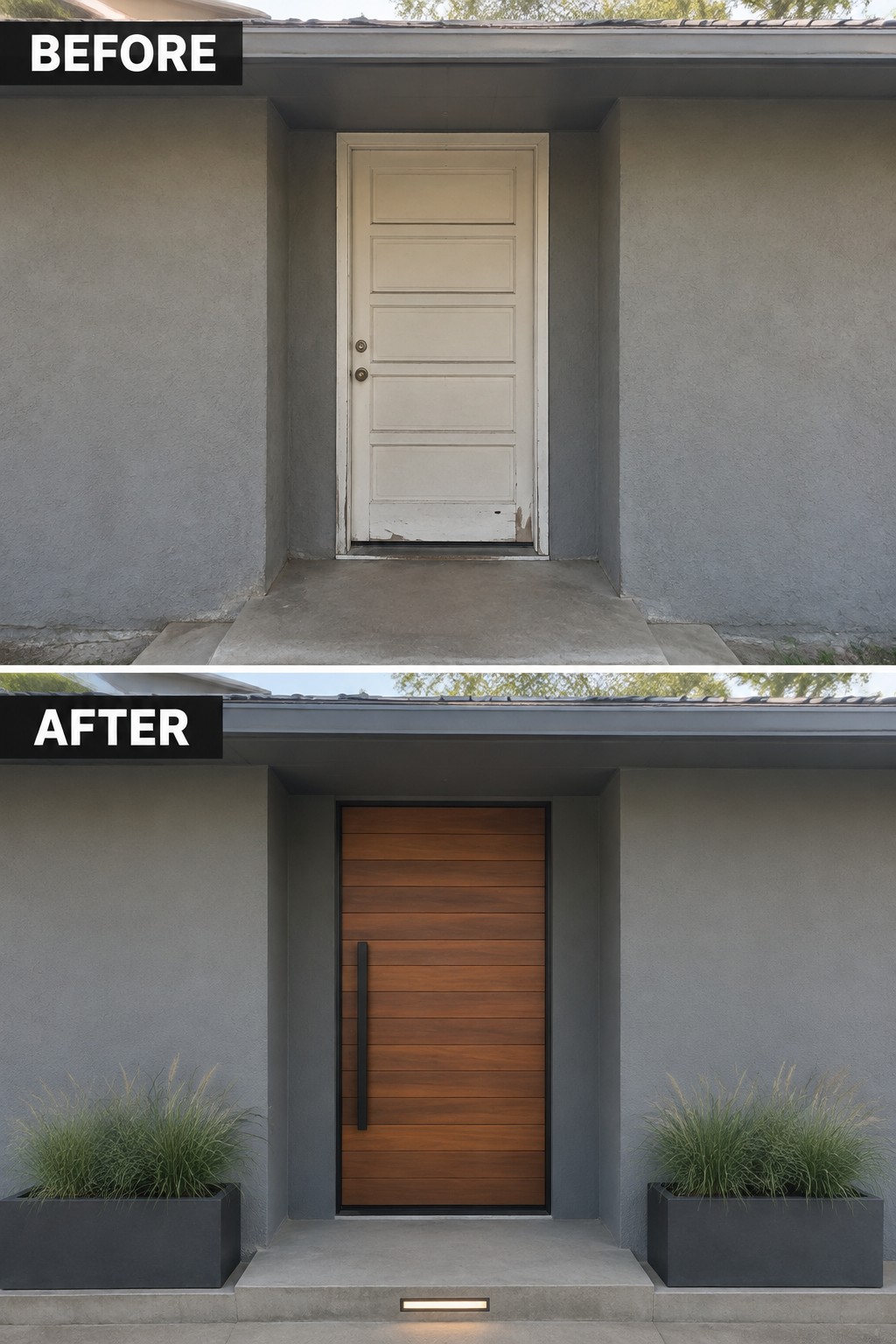 Before and after of a front door: old white to modern wood with planters.
