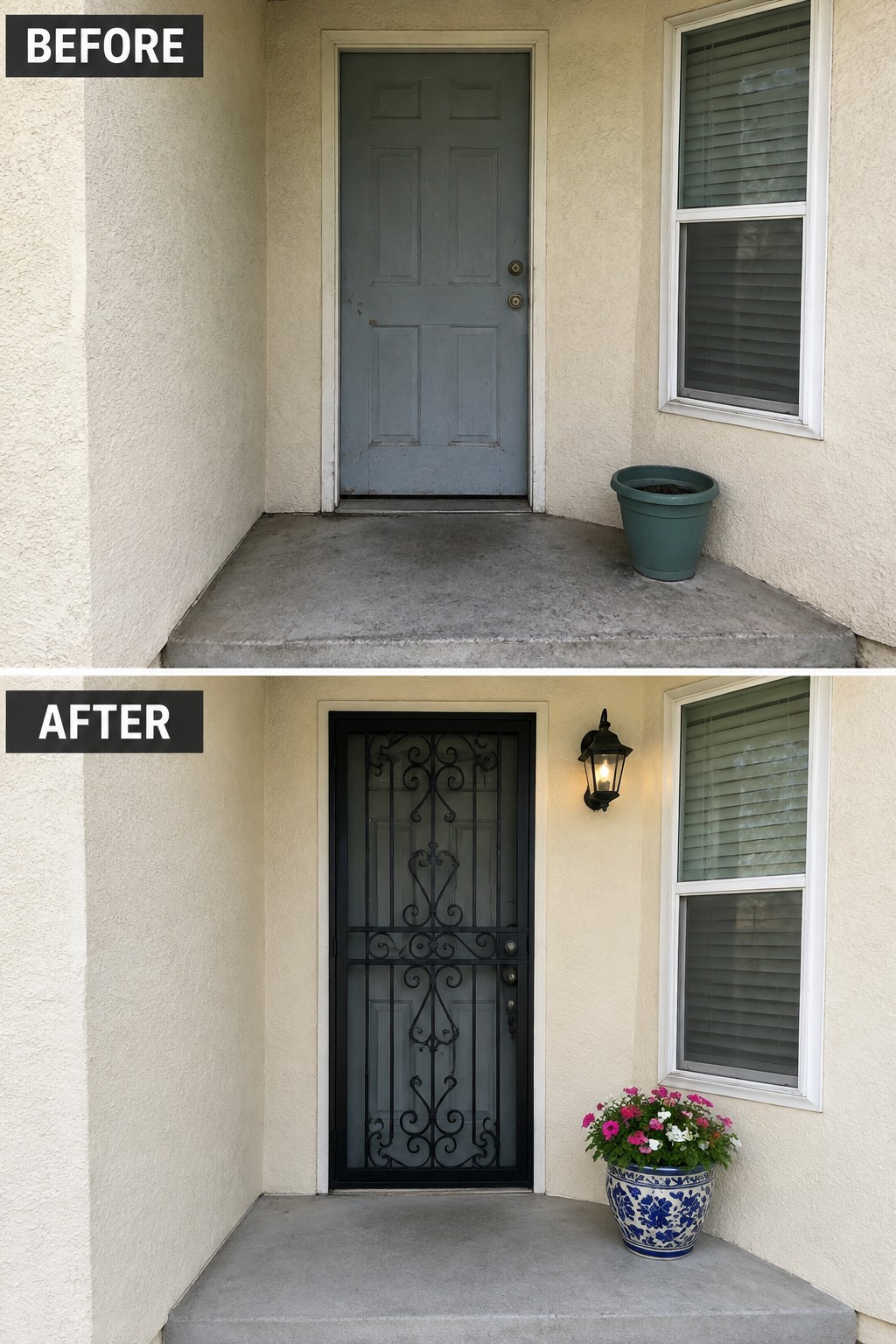 Before-and-after image of a front entry on a stucco house showing a plain blue door replaced with a black decorative security door, plus new lighting and a floral planter.