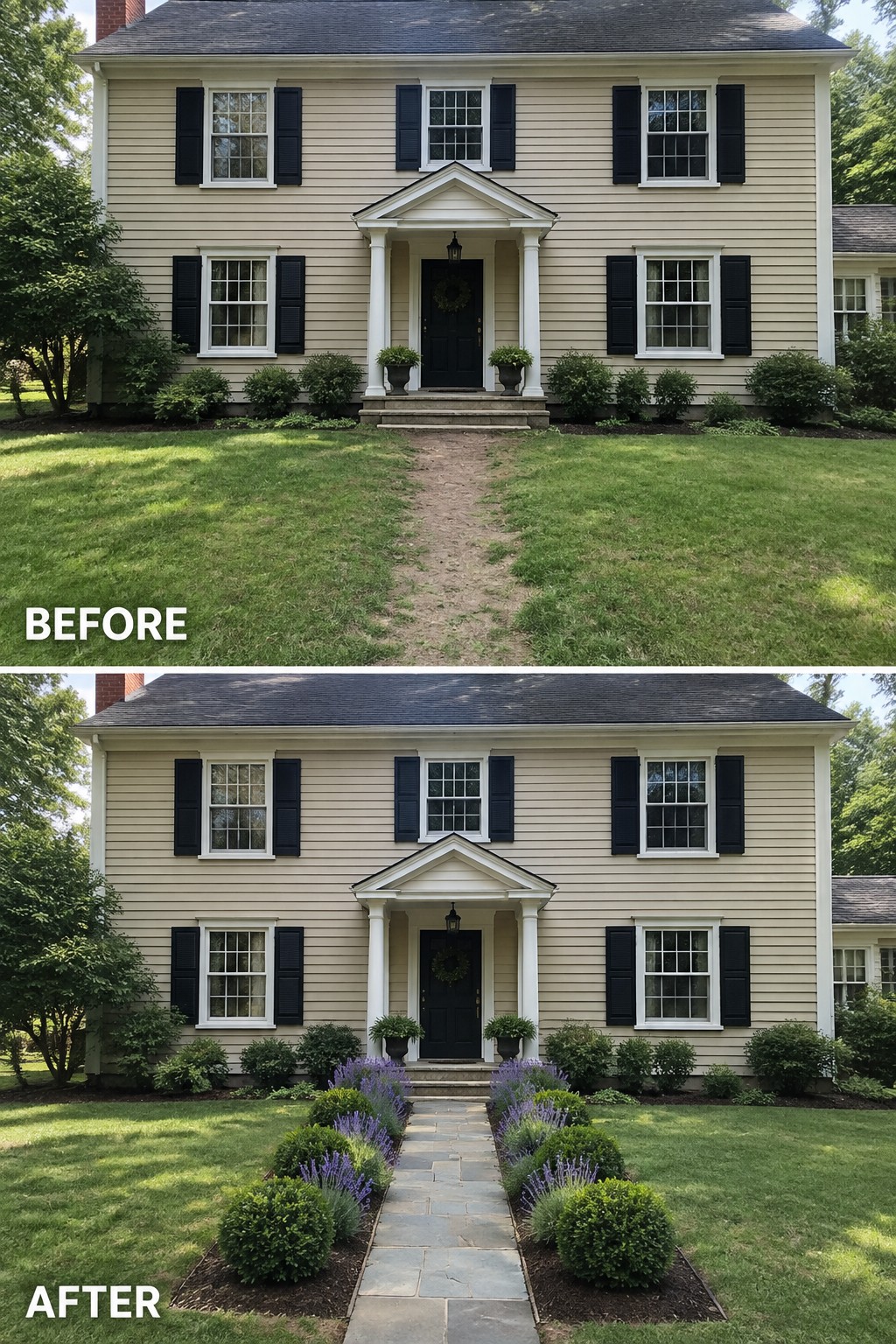 Before and after of beige house with new stone path, purple flowers, and shrubs.
