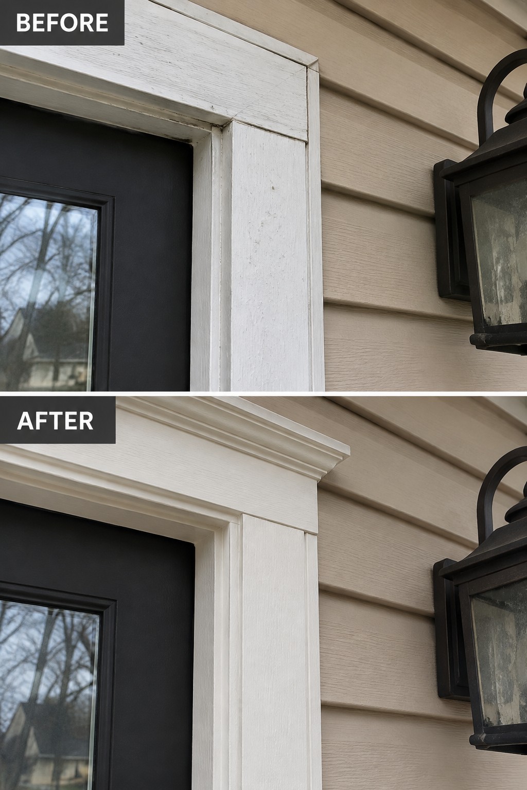 Before and after of upgraded white door trim on beige siding with black lantern.