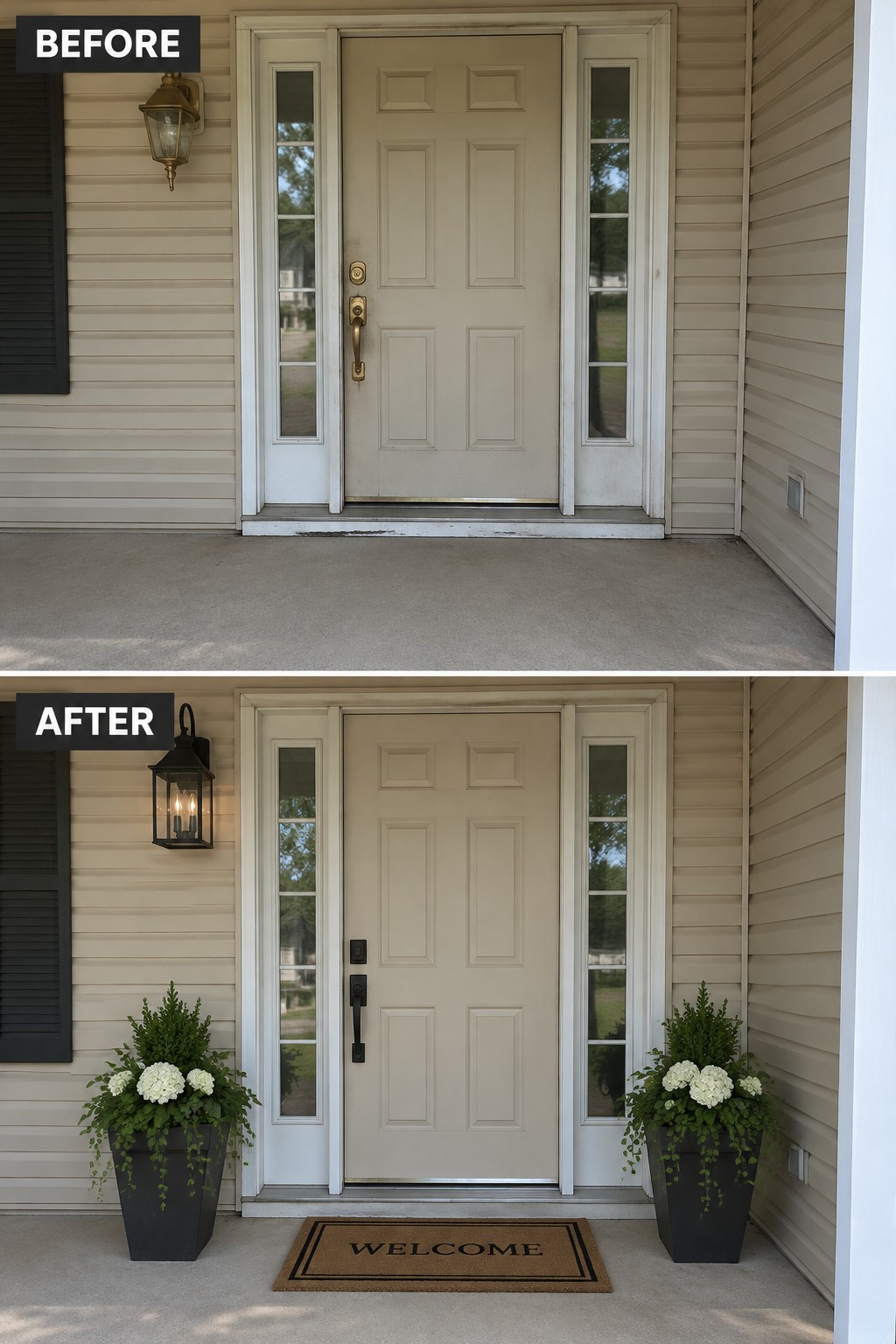 Before-and-after image of a beige front door and entry updated with two large black planters, a welcome mat, and a new black lantern light fixture.