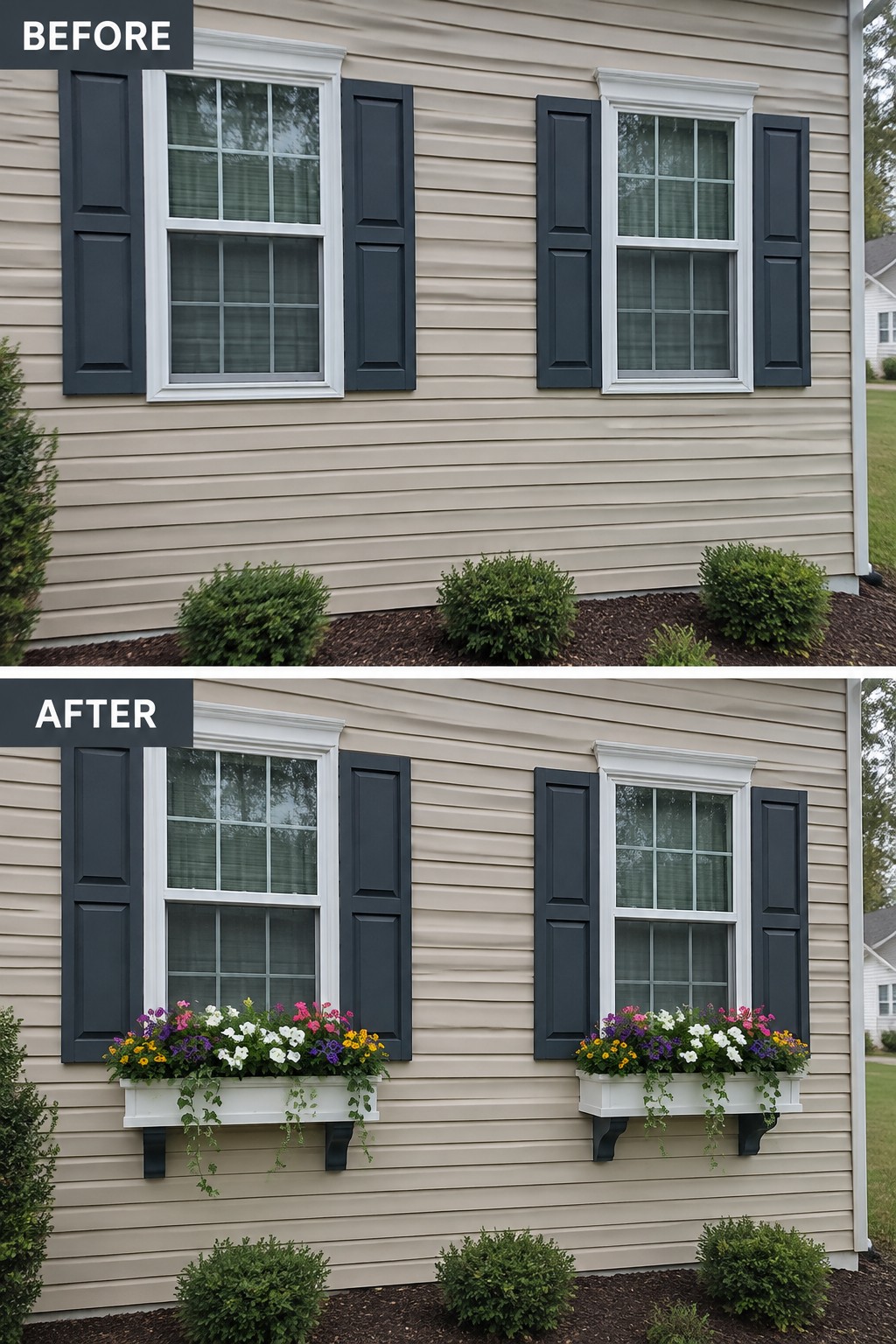 Beige house windows with dark shutters before and after adding flower boxes with blooms.