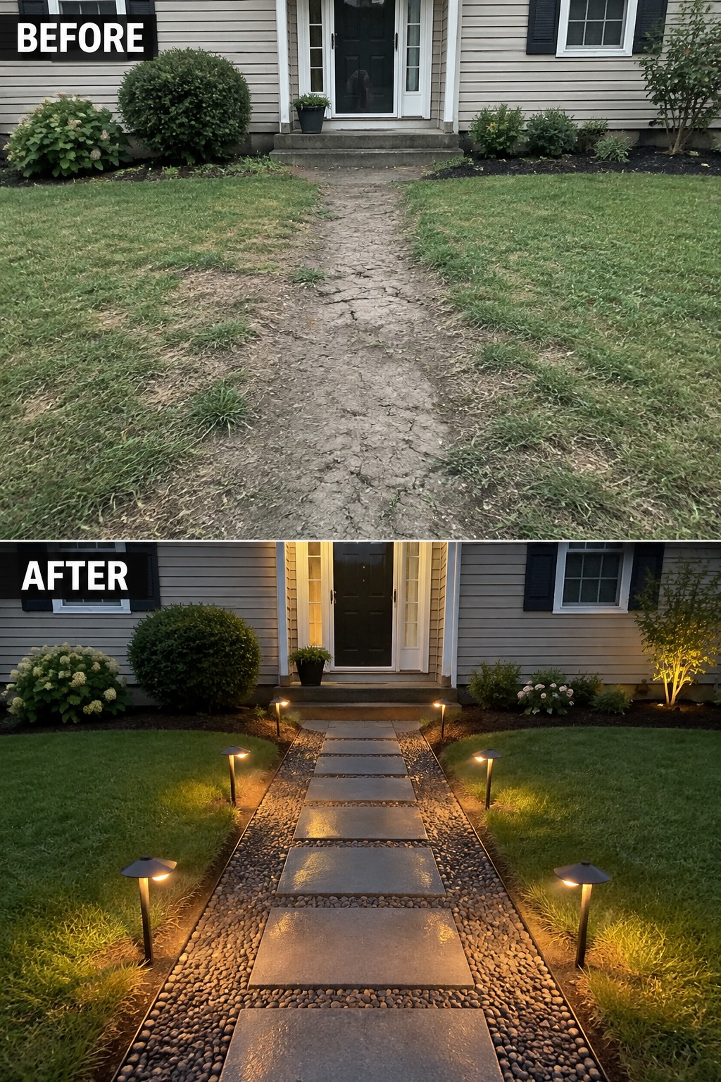 Before cracked dirt path and after stone pavers with glowing lights to front door.