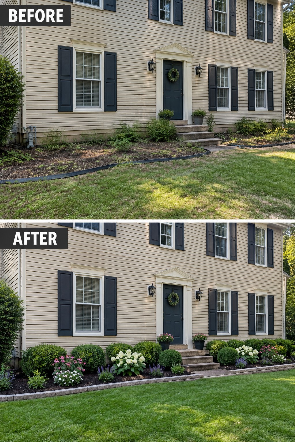 Before and after of beige house with new colorful flower beds and shrubs.