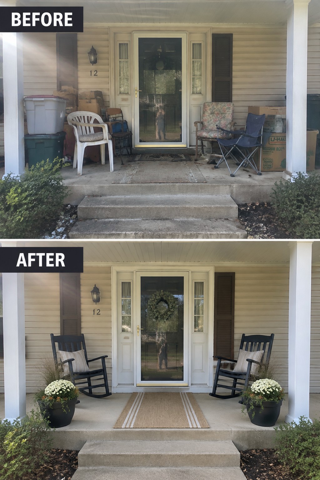 Before-and-after porch transformation: cluttered entry cleared with black rockers and potted flowers.