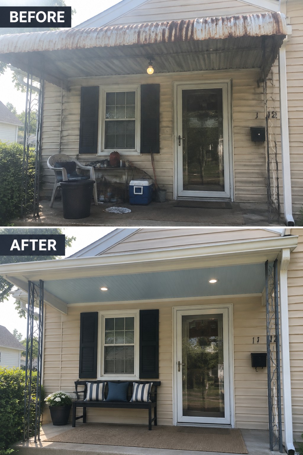 Before and after porch renovation: cluttered entry transformed with bench, blue ceiling, and tidy decor.