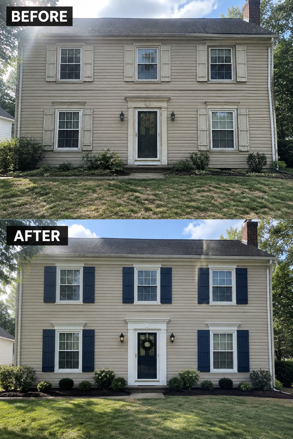 Before-and-after image of a beige colonial house exterior with light shutters changed to dark blue and landscaping beds cleaned up with mulch.