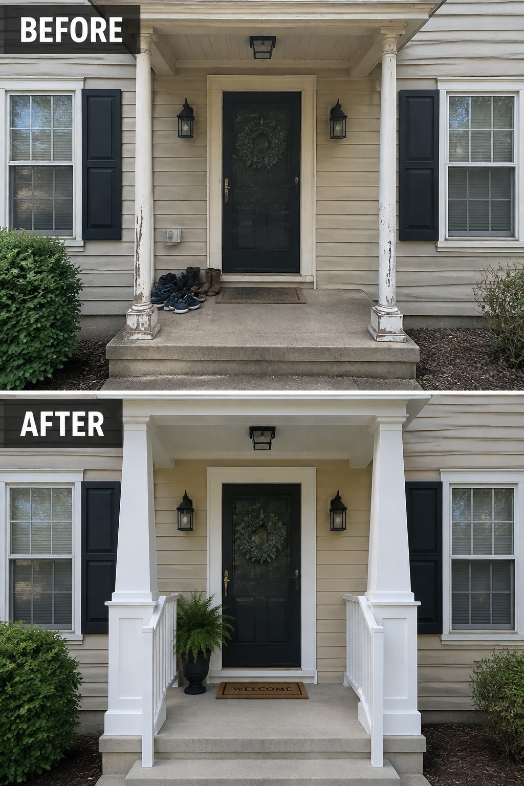Before-and-after porch renovation with fresh white railings, potted fern, and welcome mat