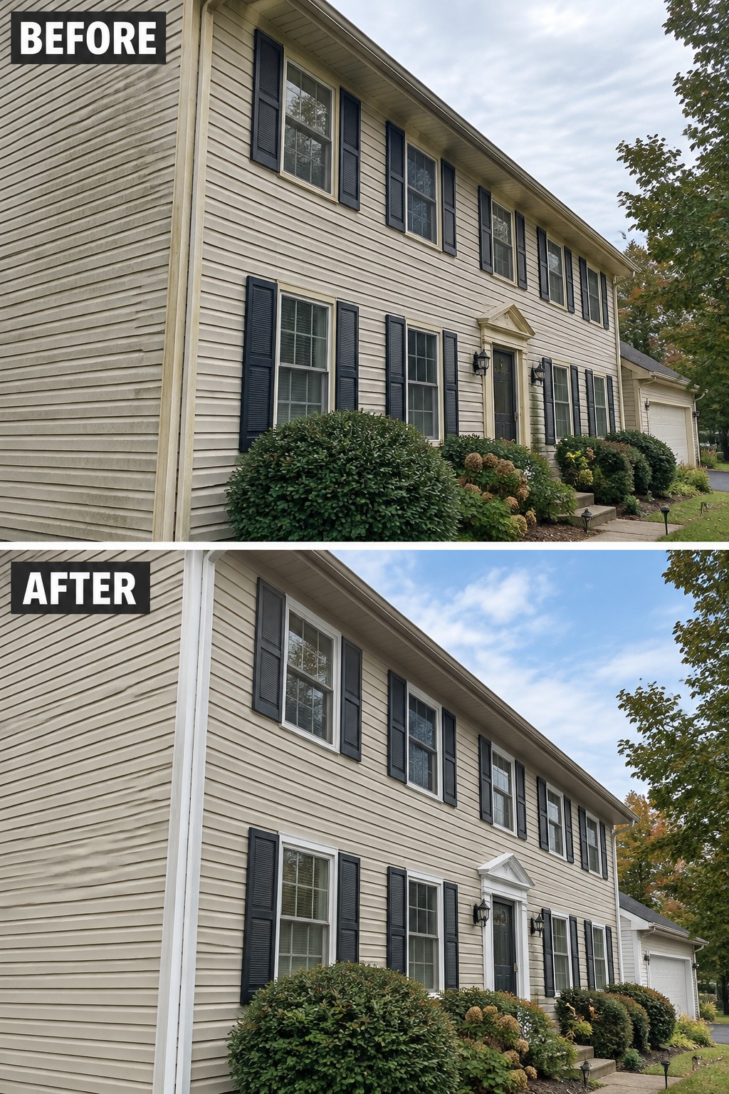 Two-story house before and after with fresh beige siding and white trim