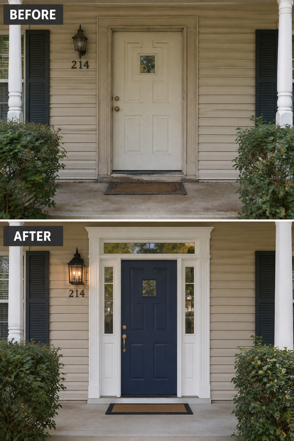 Before-and-after image of a front entry updated with new white trim, sidelights, and a navy blue door.