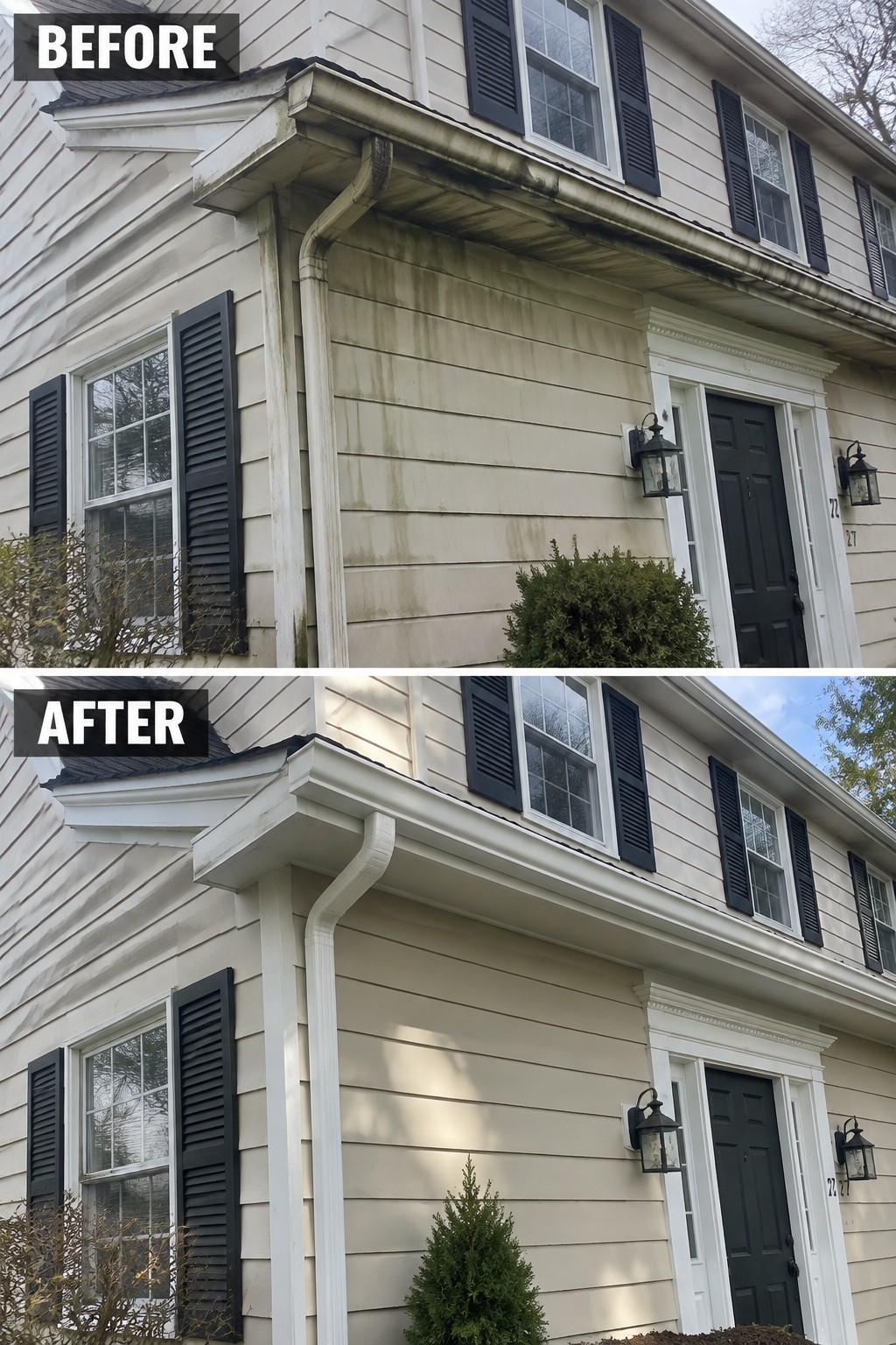 Before-and-after image of a beige colonial home with updated white trim and cleaned siding.