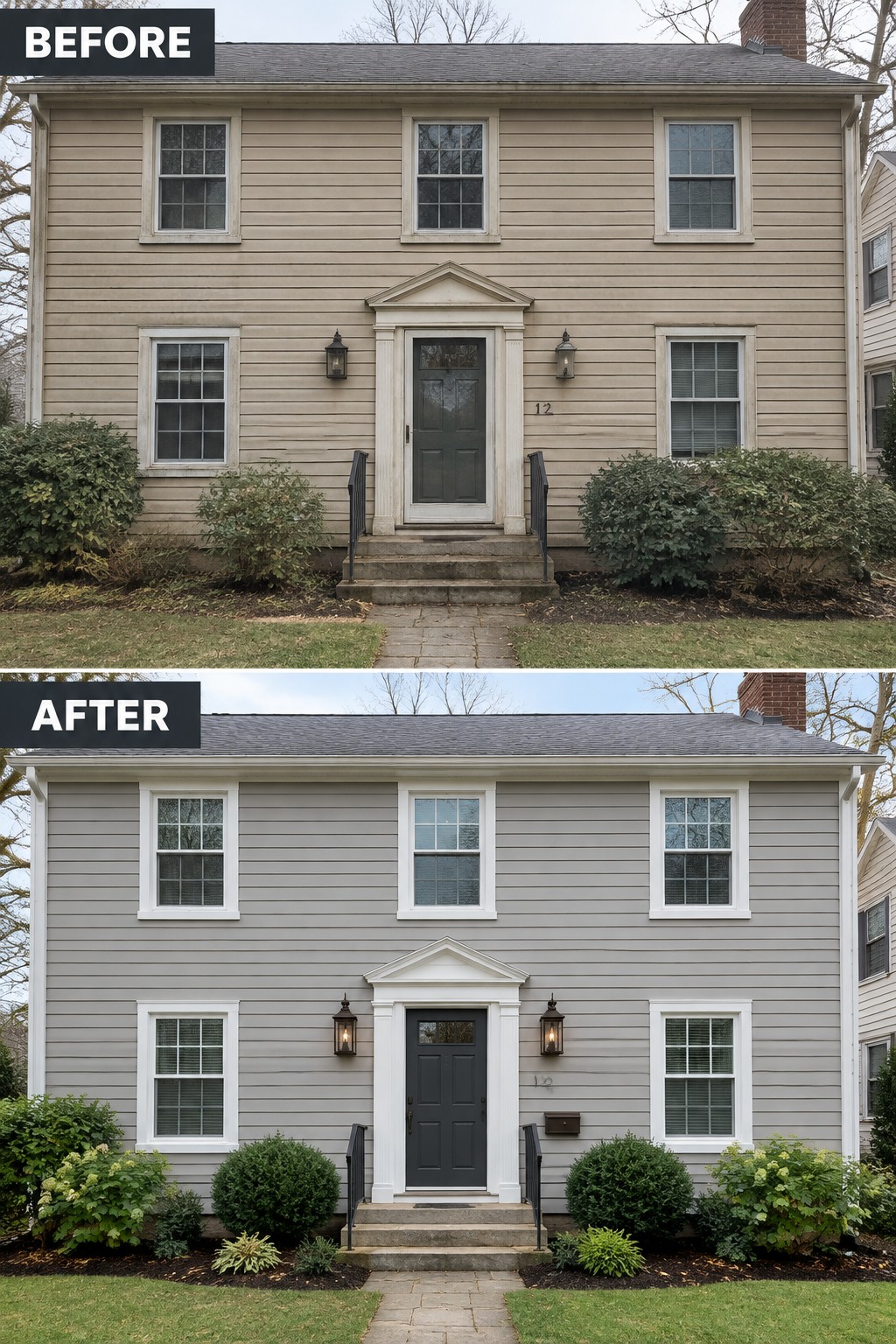 Before-and-after view of two-story house with gray siding and enhanced landscaping.