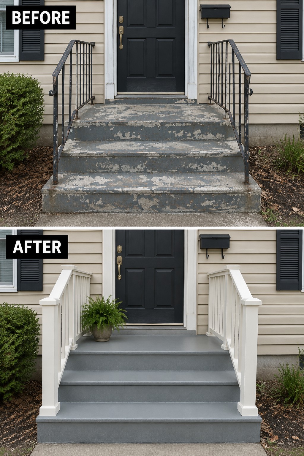 Before and after of repainted gray steps with new white railings and fern.