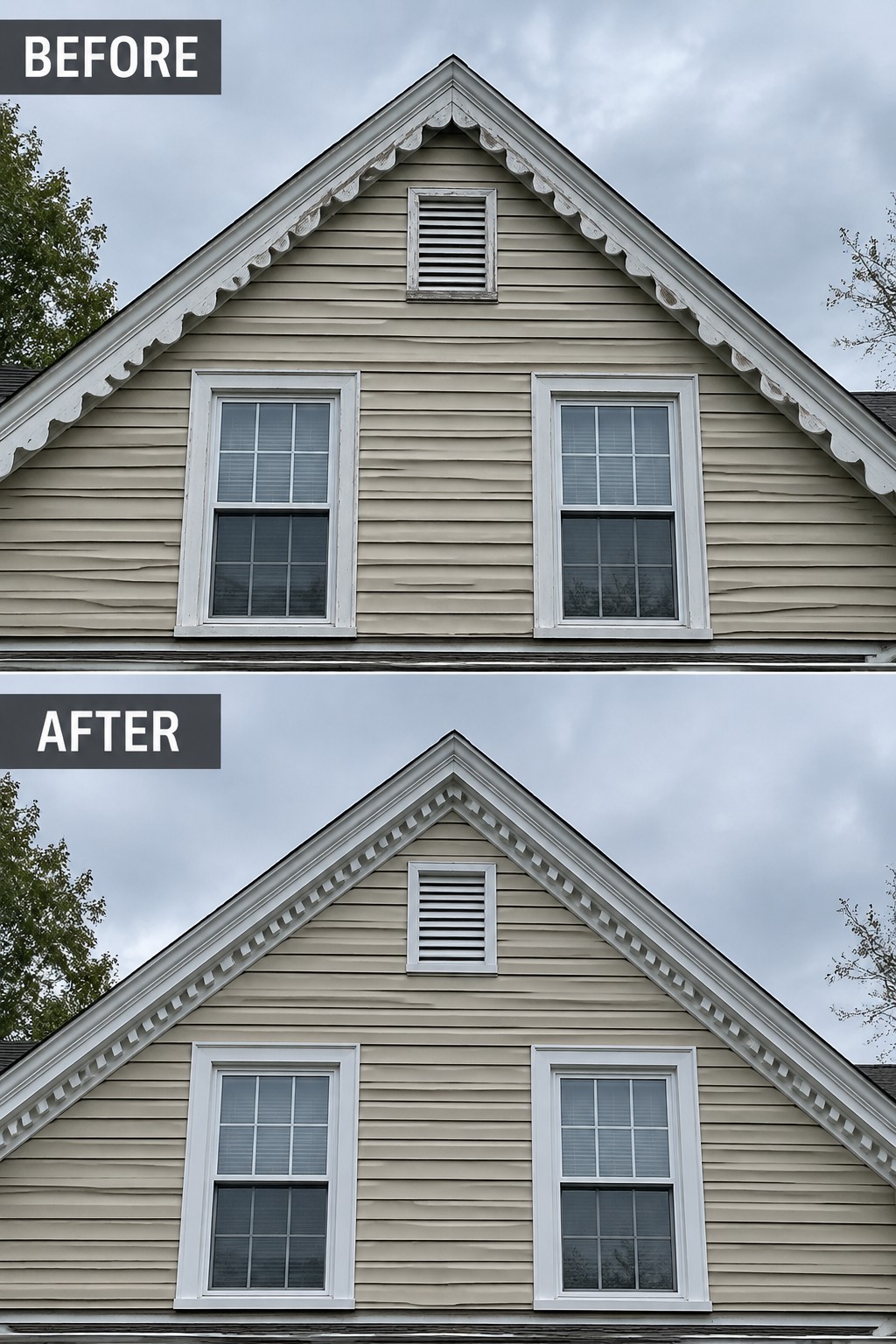Before and after views of beige house gable with white-trimmed windows and vent.