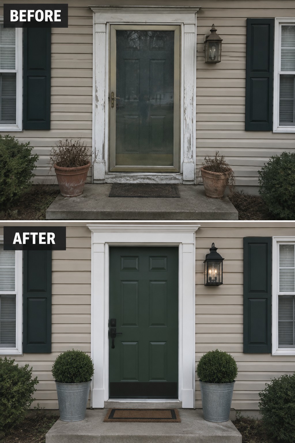 Before and after of beige house entrance with new dark green door, planters, and lantern.