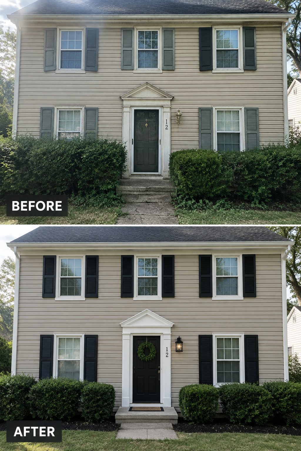 Before and after of beige two-story house with black shutters, door, and trimmed bushes.