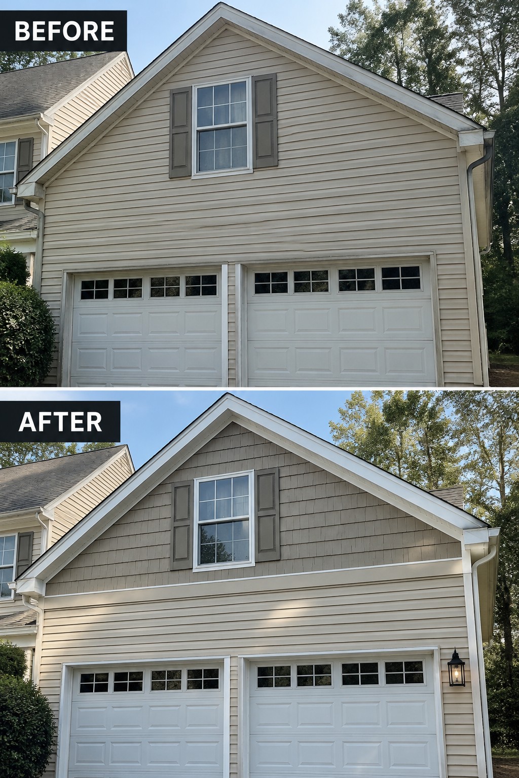 Before and after house exterior with new gray siding and added lantern light